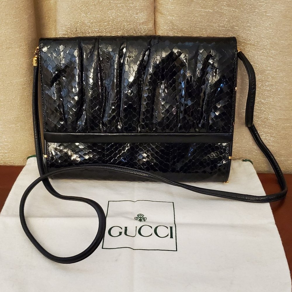 Gucci Vintage Black Snakeskin Reptile Shoulder Bag